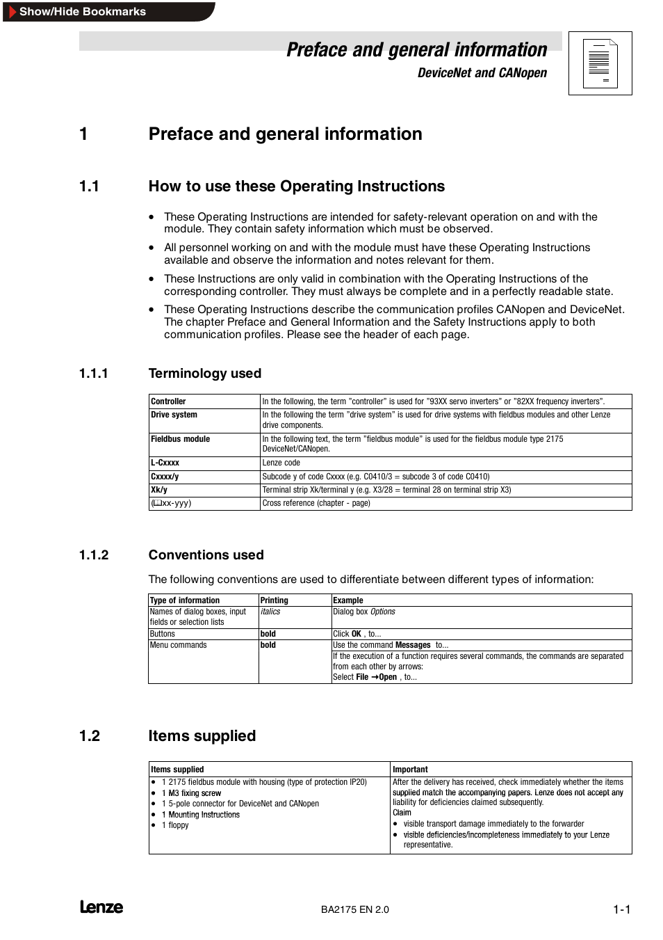 1 preface and general information, 1 how to use these operating instructions, Terminology used | Conventions used, 2 items supplied, Preface and general information, 1preface and general information, Devicenet and canopen, 1 terminology used, 2 conventions used | Lenze EMF2175IB User Manual | Page 9 / 152