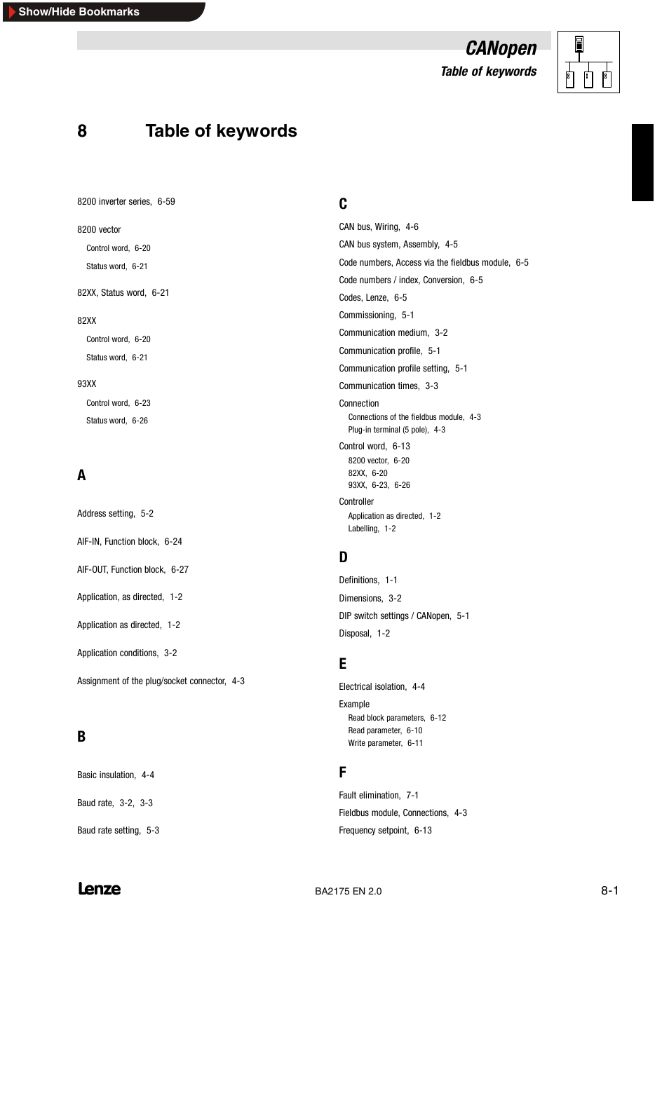 8 table of keywords, Canopen, 8table of keywords | Lenze EMF2175IB User Manual | Page 91 / 152