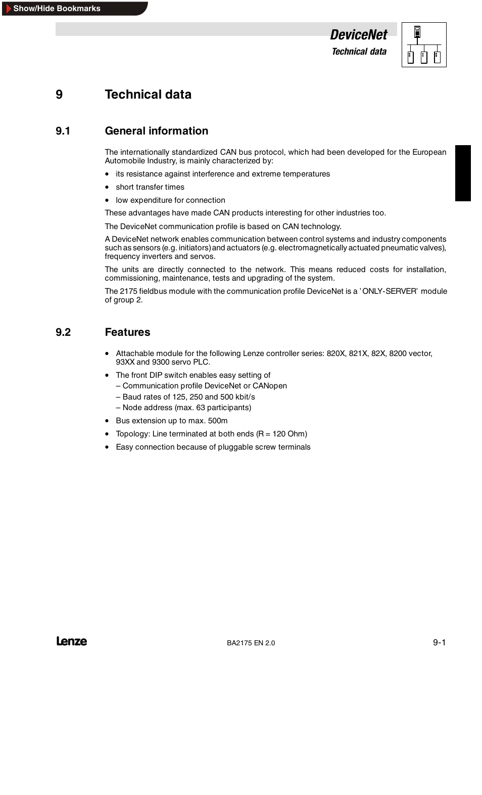 Devicenet, 9technical data, 1 general information | 2 features | Lenze EMF2175IB User Manual | Page 93 / 152