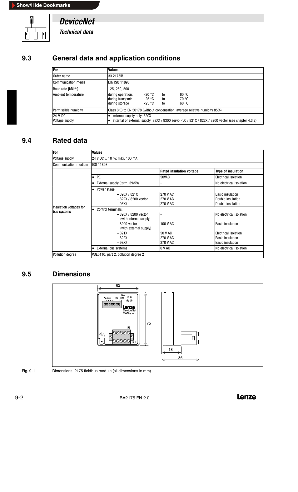 Devicenet, 3 general data and application conditions, 4 rated data | 5 dimensions, 9technical data | Lenze EMF2175IB User Manual | Page 94 / 152