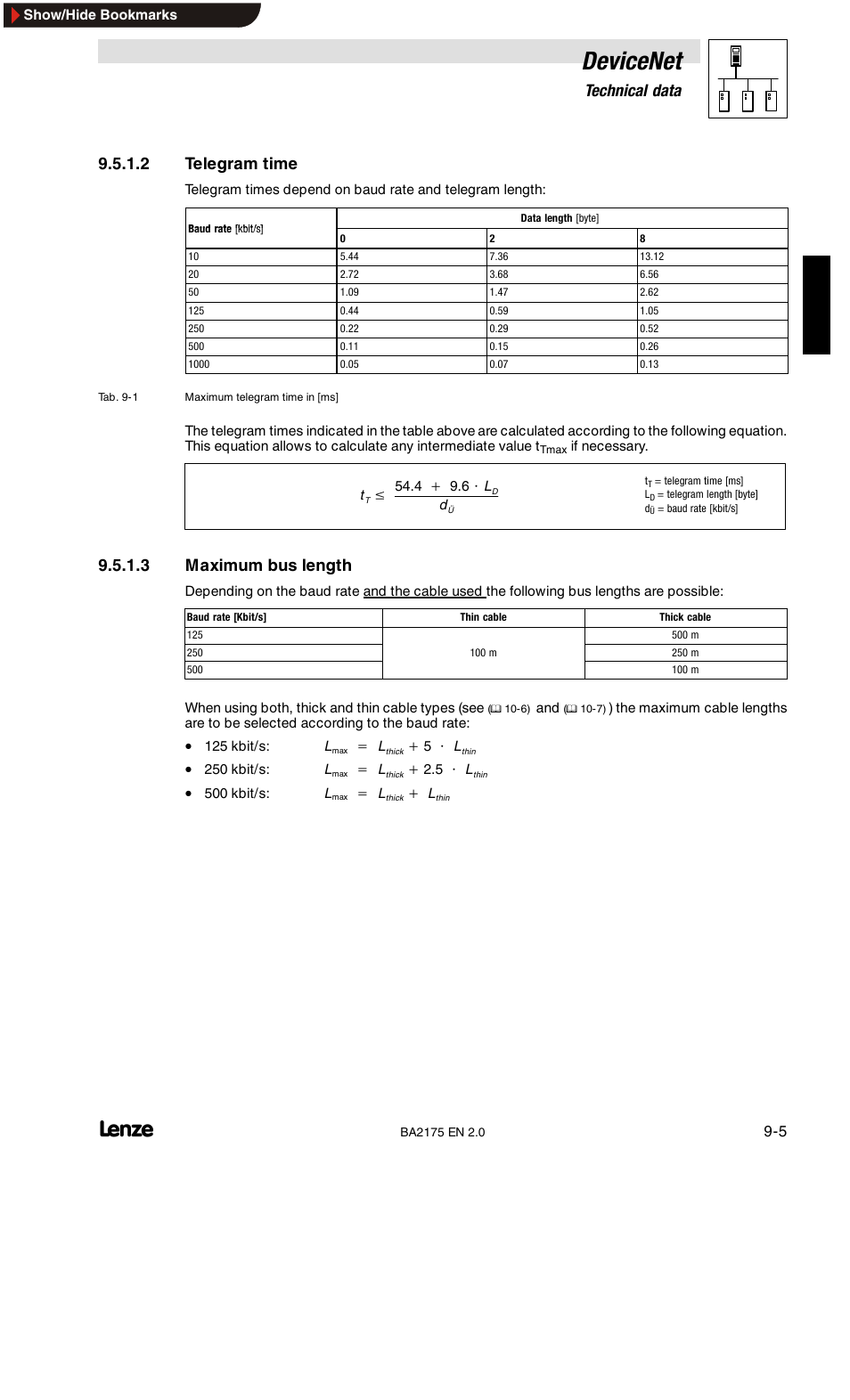 Devicenet, 9technical data, 2 telegram time | 3 maximum bus length | Lenze EMF2175IB User Manual | Page 97 / 152