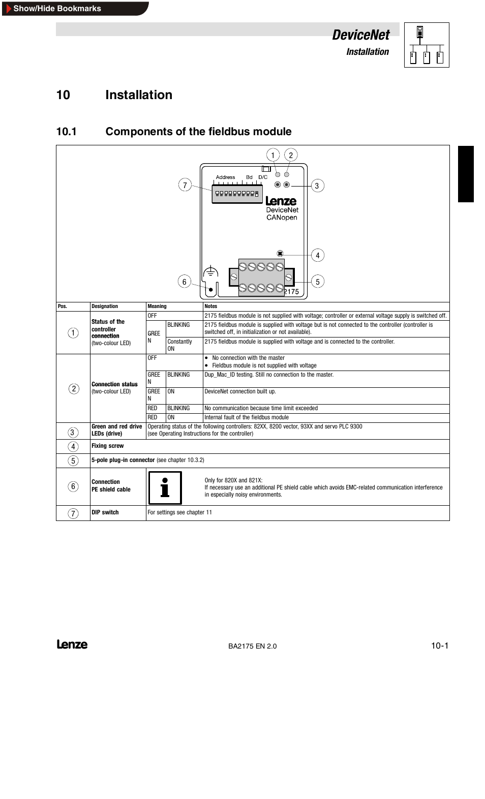 Devicenet, 1 components of the fieldbus module, 10 installation | Lenze EMF2175IB User Manual | Page 99 / 152