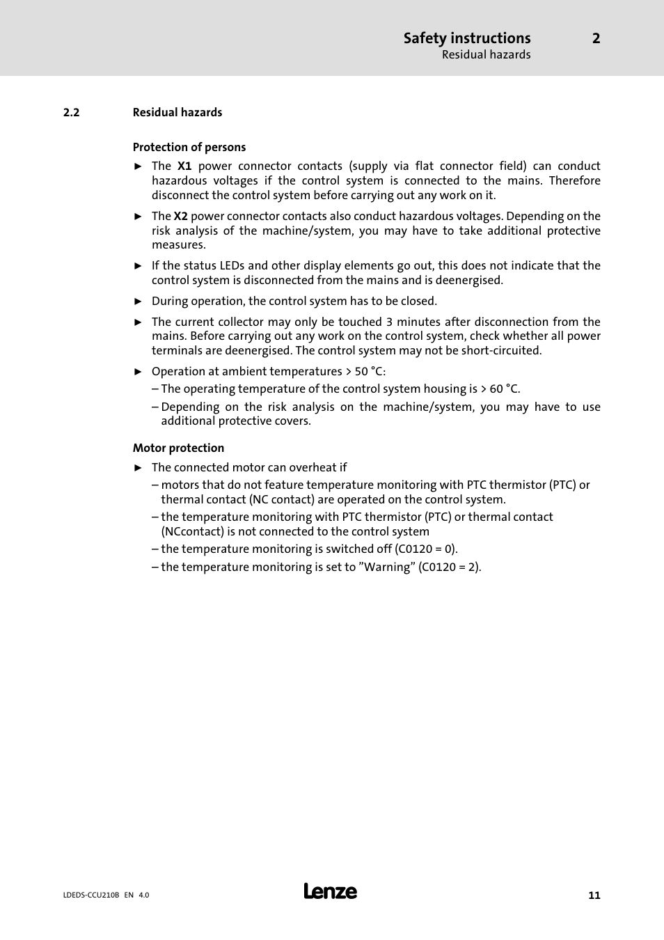 2 residual hazards, Residual hazards, Safety instructions | Lenze LDECBBF1xxxxxxHx User Manual | Page 11 / 110