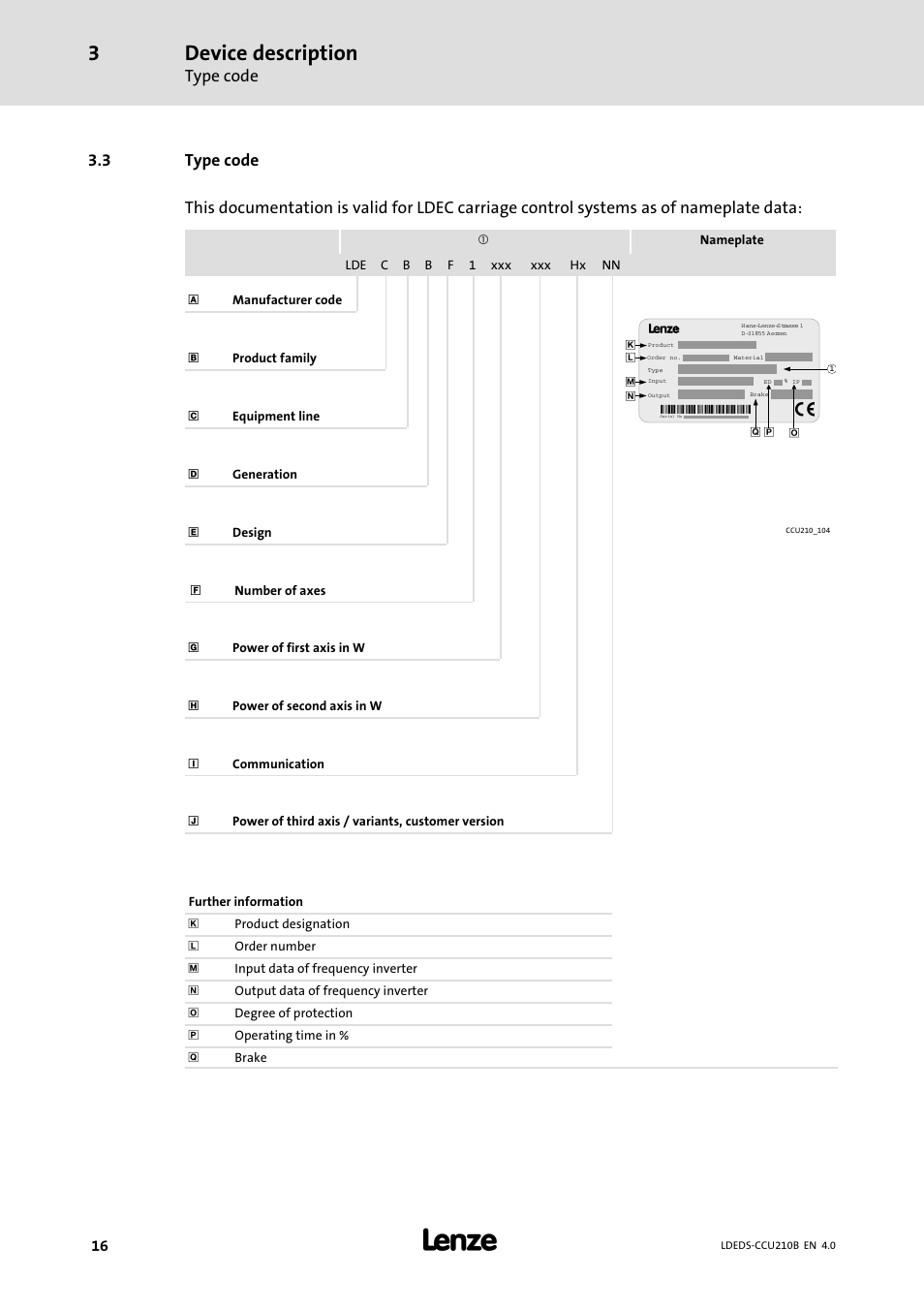 3 type code, Type code, Device description | Lenze LDECBBF1xxxxxxHx User Manual | Page 16 / 110