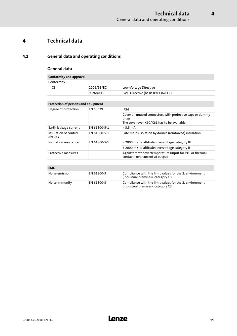 4 technical data, 1 general data and operating conditions, Technical data | General data and operating conditions, 4technical data | Lenze LDECBBF1xxxxxxHx User Manual | Page 19 / 110