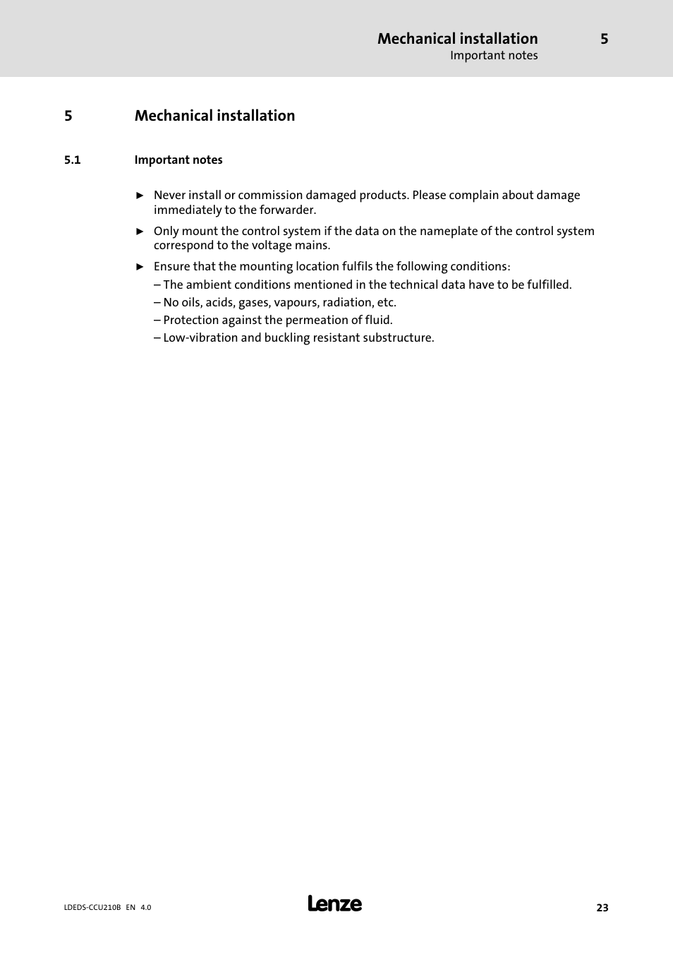 5 mechanical installation, 1 important notes, Mechanical installation | Important notes, 5mechanical installation | Lenze LDECBBF1xxxxxxHx User Manual | Page 23 / 110