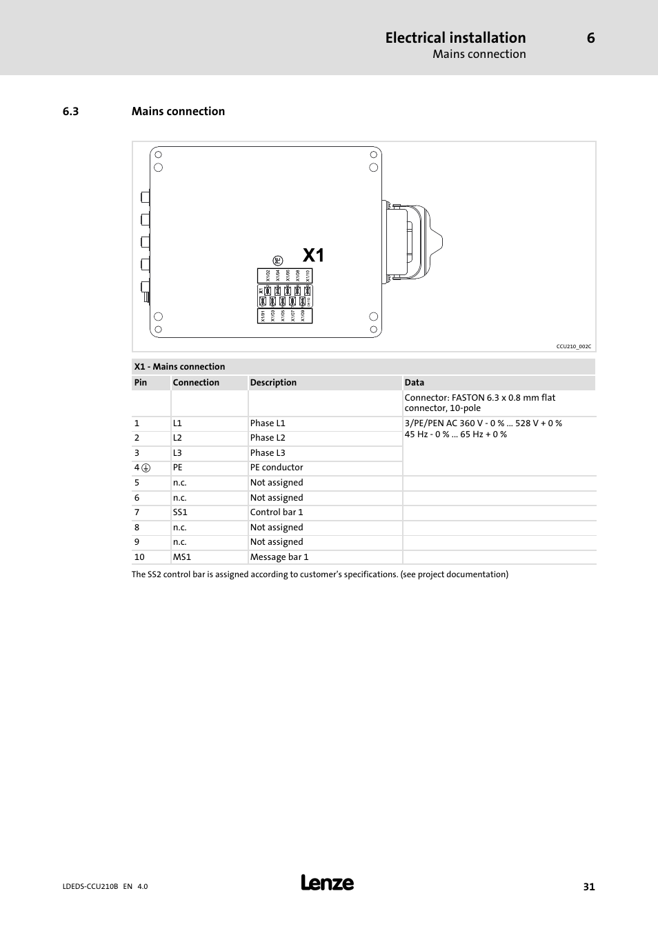 3 mains connection, Mains connection, Electrical installation | Lenze LDECBBF1xxxxxxHx User Manual | Page 31 / 110