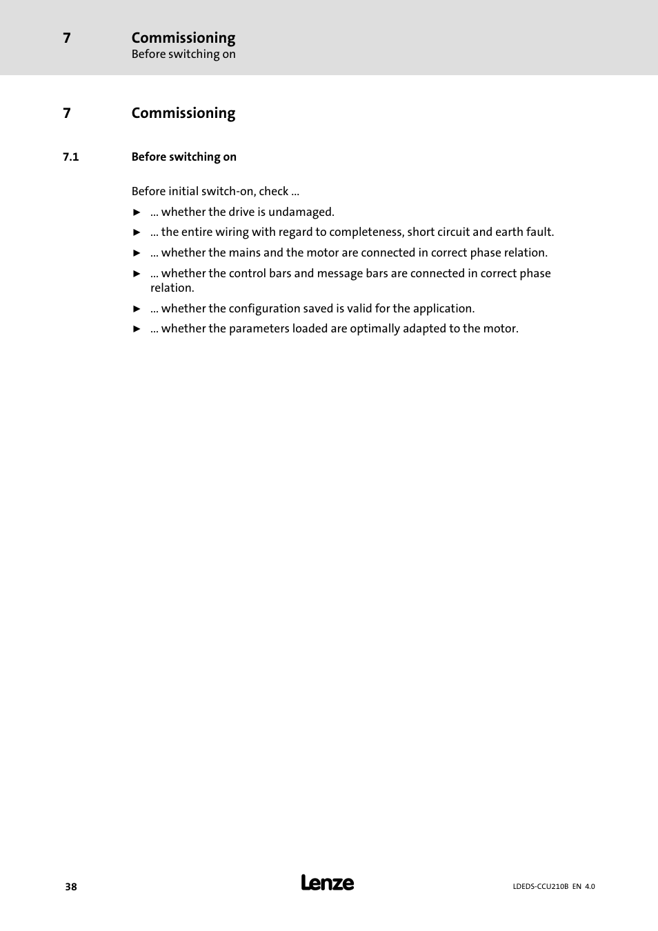7 commissioning, 1 before switching on, Commissioning | Before switching on, 7commissioning | Lenze LDECBBF1xxxxxxHx User Manual | Page 38 / 110