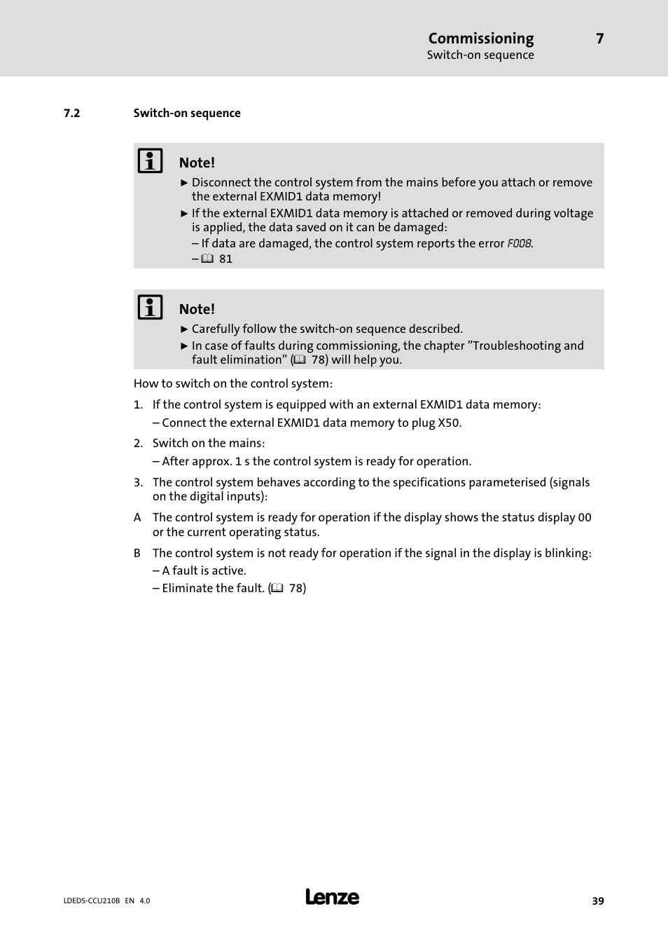 2 switch-on sequence, Switch−on sequence | Lenze LDECBBF1xxxxxxHx User Manual | Page 39 / 110