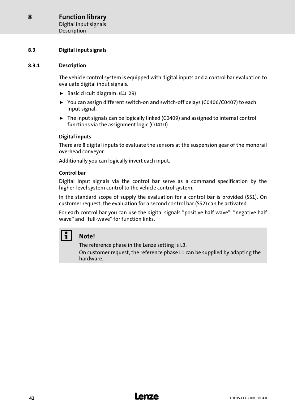 3 digital input signals, 1 description, Digital input signals | Description, Function library | Lenze LDECBBF1xxxxxxHx User Manual | Page 42 / 110
