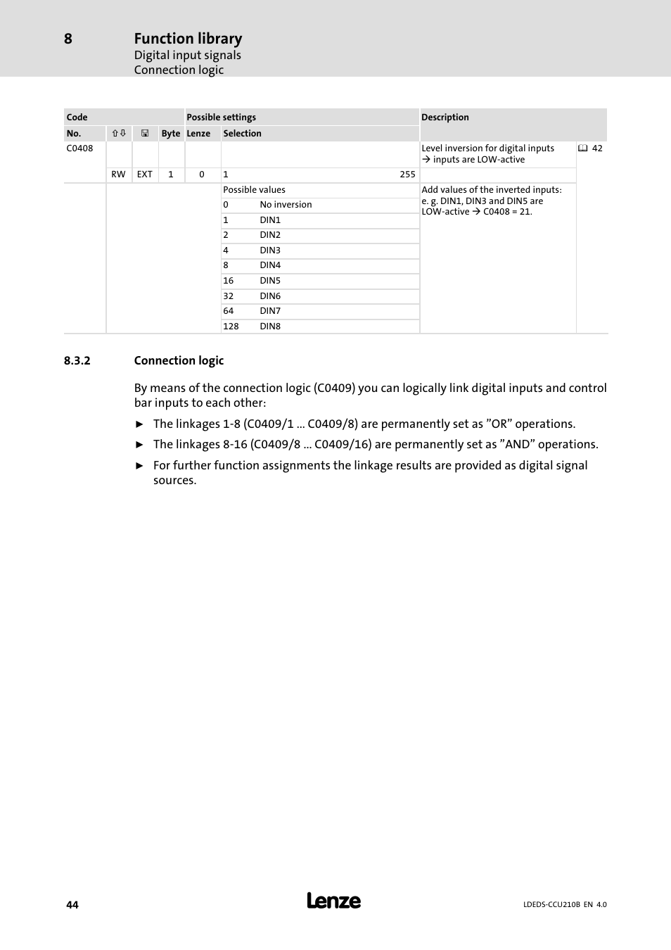 2 connection logic, Connection logic, Function library | Lenze LDECBBF1xxxxxxHx User Manual | Page 44 / 110