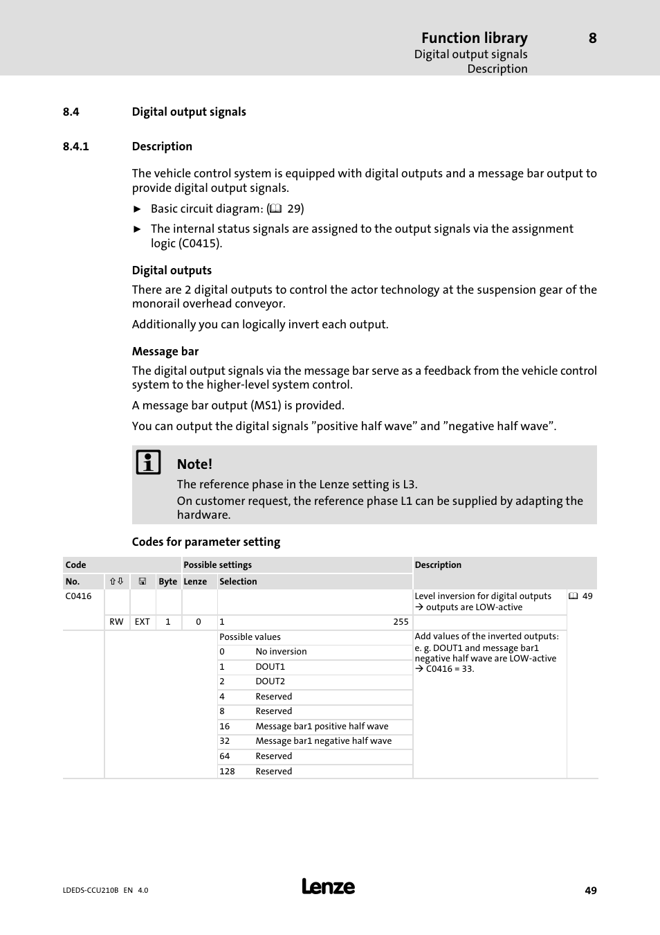4 digital output signals, 1 description, Digital output signals | Description, Function library | Lenze LDECBBF1xxxxxxHx User Manual | Page 49 / 110