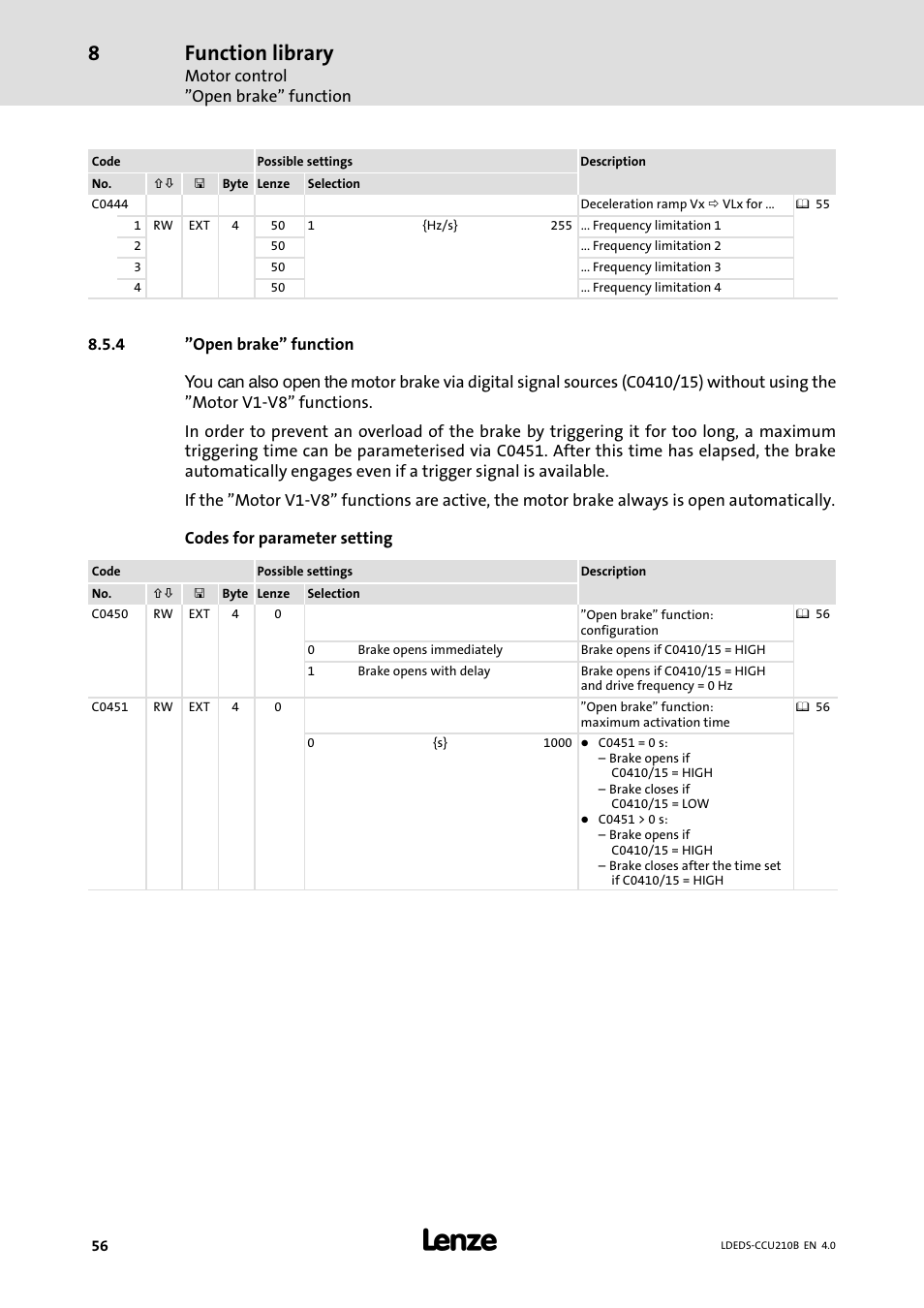 4 "open brake" function, Open brake" function, Function library | Lenze LDECBBF1xxxxxxHx User Manual | Page 56 / 110