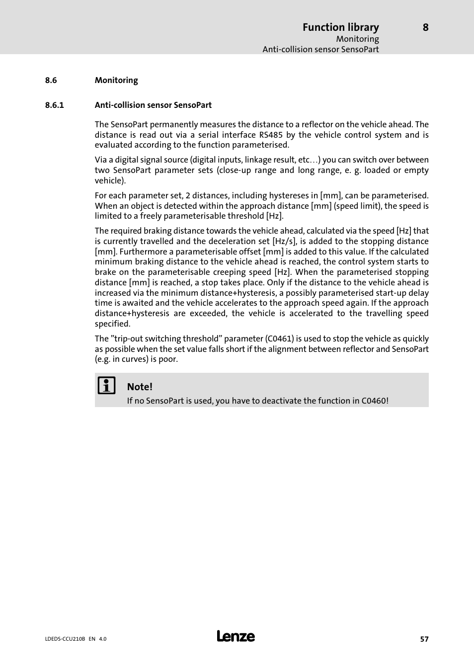6 monitoring, 1 anti-collision sensor sensopart, Monitoring | Anti−collision sensor sensopart | Lenze LDECBBF1xxxxxxHx User Manual | Page 57 / 110