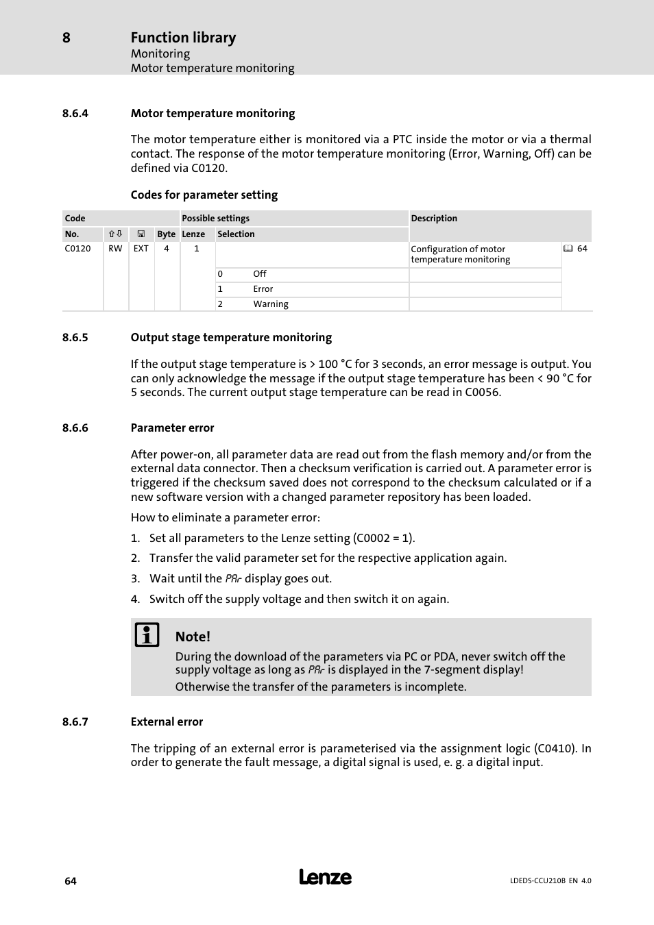 4 motor temperature monitoring, 5 output stage temperature monitoring, 6 parameter error | 7 external error, Motor temperature monitoring, Output stage temperature monitoring, Parameter error, External error, Function library | Lenze LDECBBF1xxxxxxHx User Manual | Page 64 / 110
