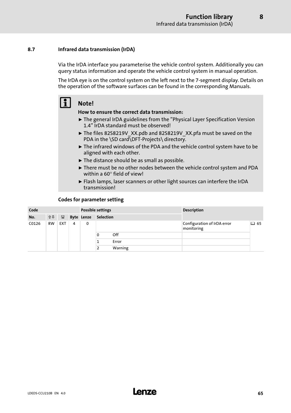 7 infrared data transmission (irda), Infrared data transmission (irda), Function library | Lenze LDECBBF1xxxxxxHx User Manual | Page 65 / 110