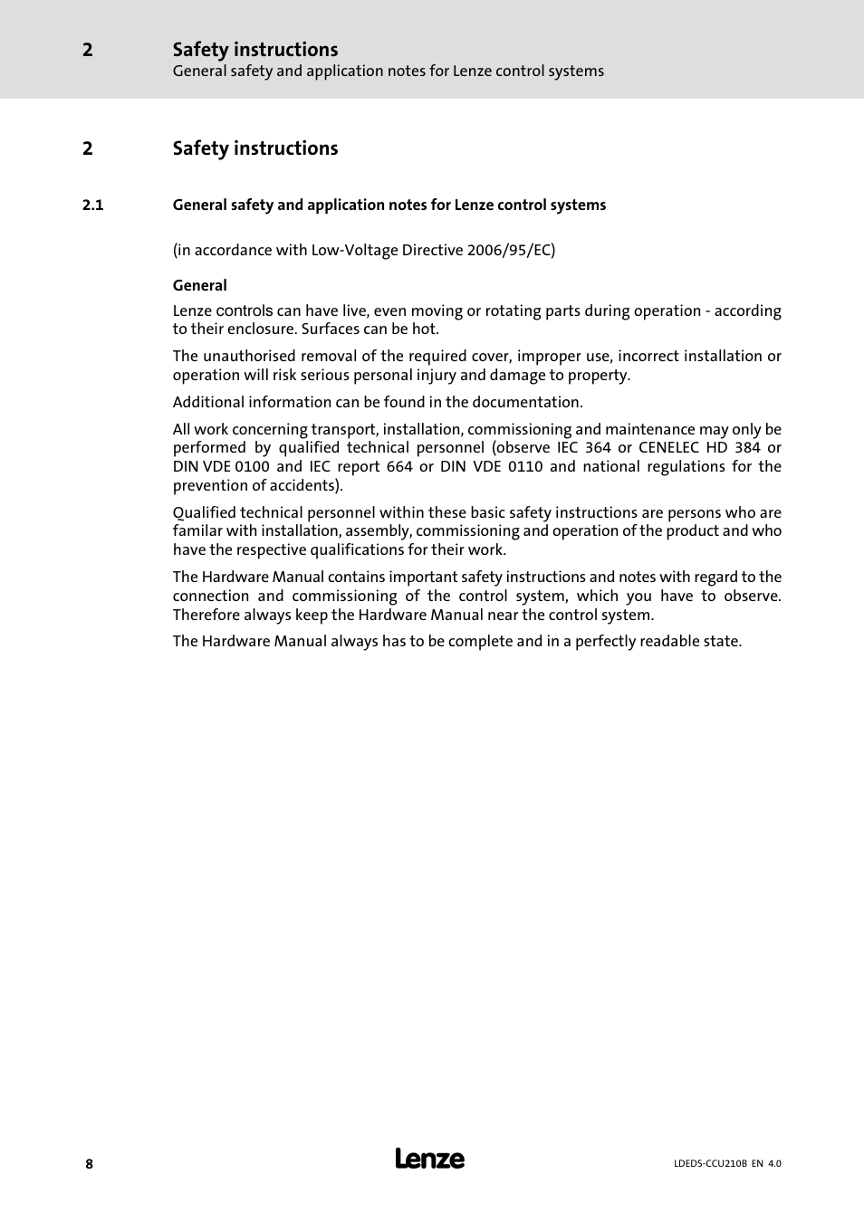 2 safety instructions, Safety instructions, 2safety instructions | Lenze LDECBBF1xxxxxxHx User Manual | Page 8 / 110