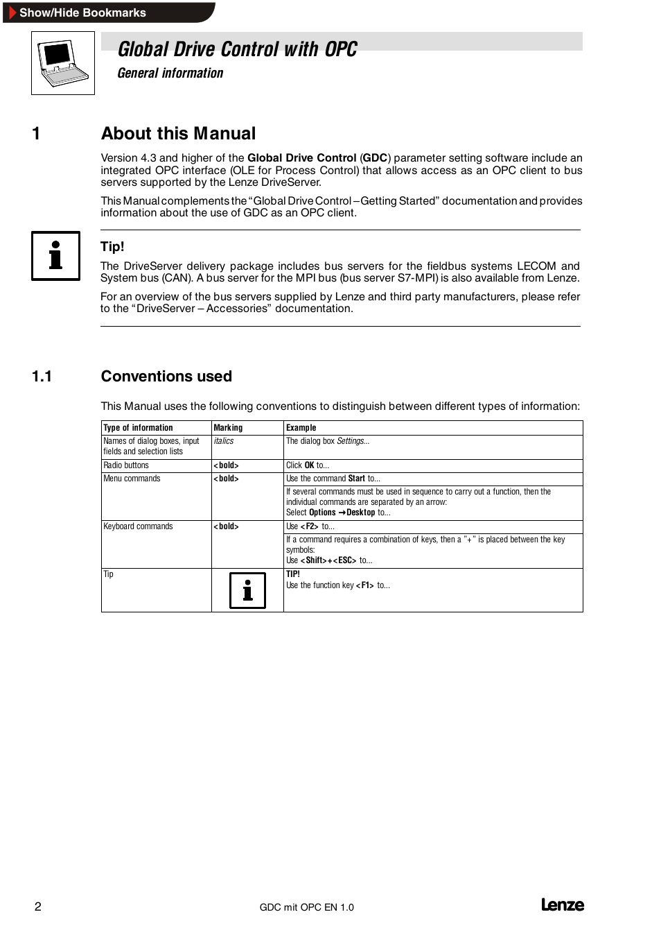 1 about this manual, Global drive control with opc, 1about this manual | 1 conventions used, General information | Lenze GDC with OPC User Manual | Page 4 / 8
