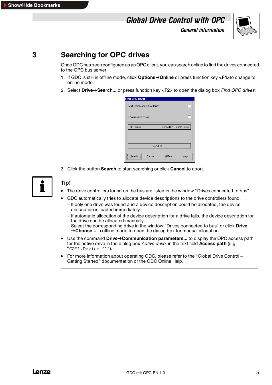 3 searching for opc drives, Global drive control with opc, 3searching for opc drives | Lenze GDC with OPC User Manual | Page 7 / 8