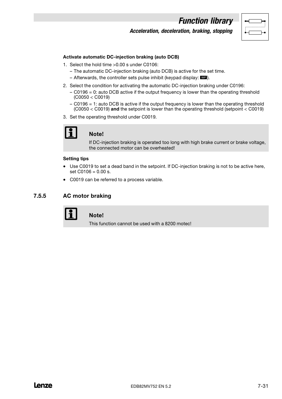 5 ac motor braking, Ac motor braking, Function library | Lenze 8200 motec frequency inverter 0.25kW-7.5kW User Manual | Page 102 / 270