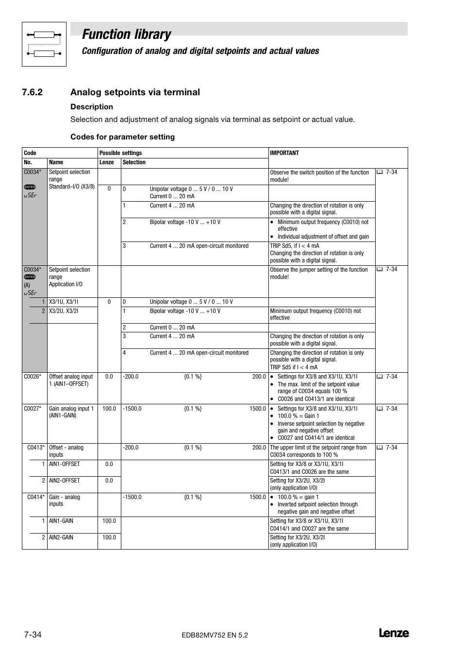 2 analog setpoints via terminal, Analog setpoints via terminal, Function library | Lenze 8200 motec frequency inverter 0.25kW-7.5kW User Manual | Page 105 / 270