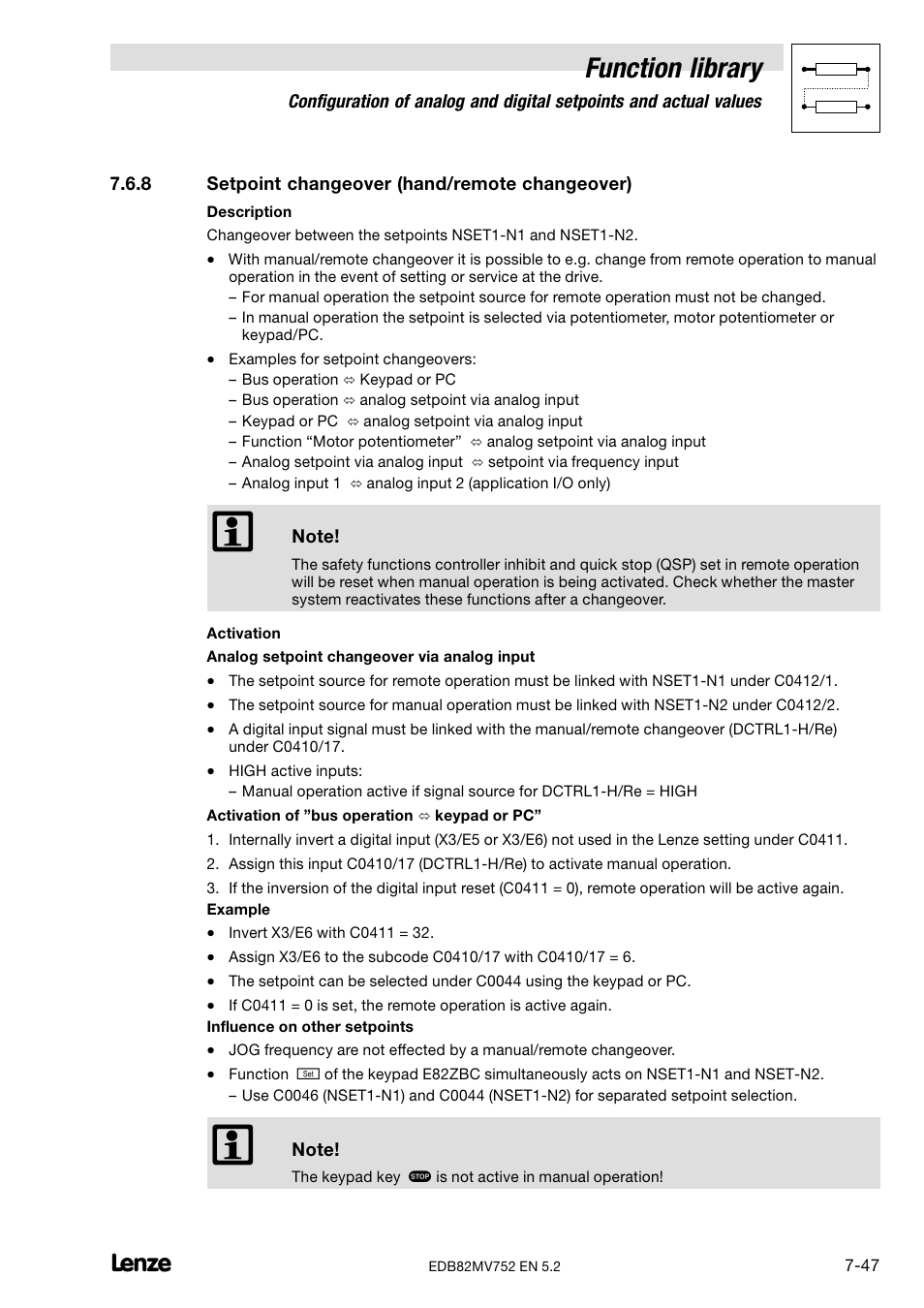 8 setpoint changeover (hand/remote changeover), Setpoint changeover (hand/remote changeover), Function library | Lenze 8200 motec frequency inverter 0.25kW-7.5kW User Manual | Page 118 / 270