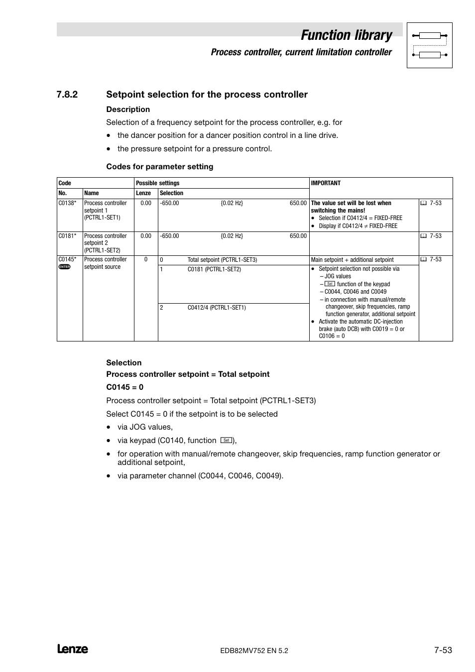 2 setpoint selection for the process controller, Setpoint selection for the process controller, Function library | Process controller, current limitation controller | Lenze 8200 motec frequency inverter 0.25kW-7.5kW User Manual | Page 124 / 270