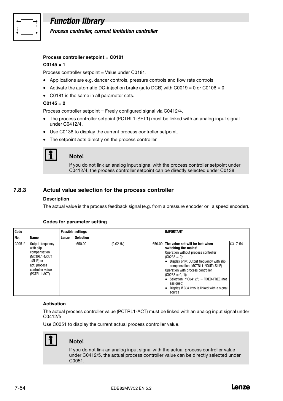 Actual value selection for the process controller, Function library | Lenze 8200 motec frequency inverter 0.25kW-7.5kW User Manual | Page 125 / 270