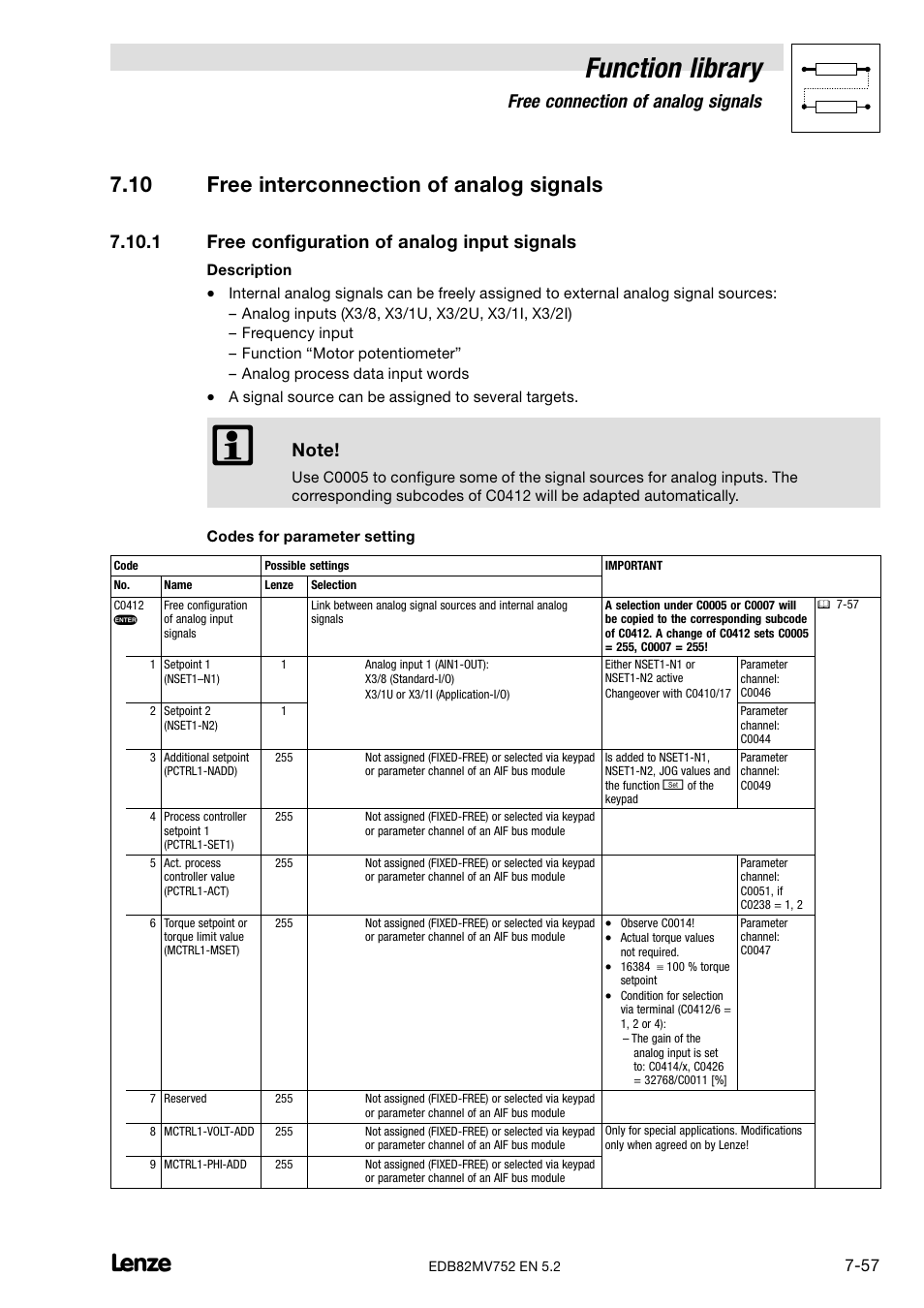 10 free interconnection of analog signals, 1 free configuration of analog input signals, Free configuration of analog input signals | Function library, Free connection of analog signals | Lenze 8200 motec frequency inverter 0.25kW-7.5kW User Manual | Page 128 / 270