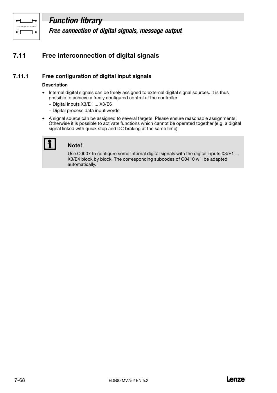 11 free interconnection of digital signals, 1 free configuration of digital input signals, Free configuration of digital input signals | Function library | Lenze 8200 motec frequency inverter 0.25kW-7.5kW User Manual | Page 139 / 270