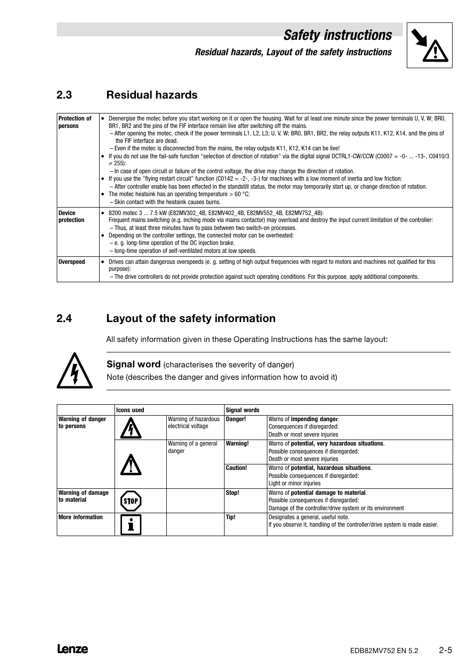 3 residual hazards, 4 layout of the safety information, Residual hazards | Layout of the safety information, Safety instructions, Signal word | Lenze 8200 motec frequency inverter 0.25kW-7.5kW User Manual | Page 14 / 270