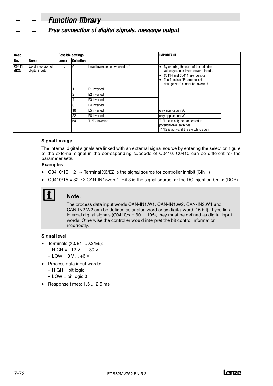 Function library, Free connection of digital signals, message output | Lenze 8200 motec frequency inverter 0.25kW-7.5kW User Manual | Page 143 / 270