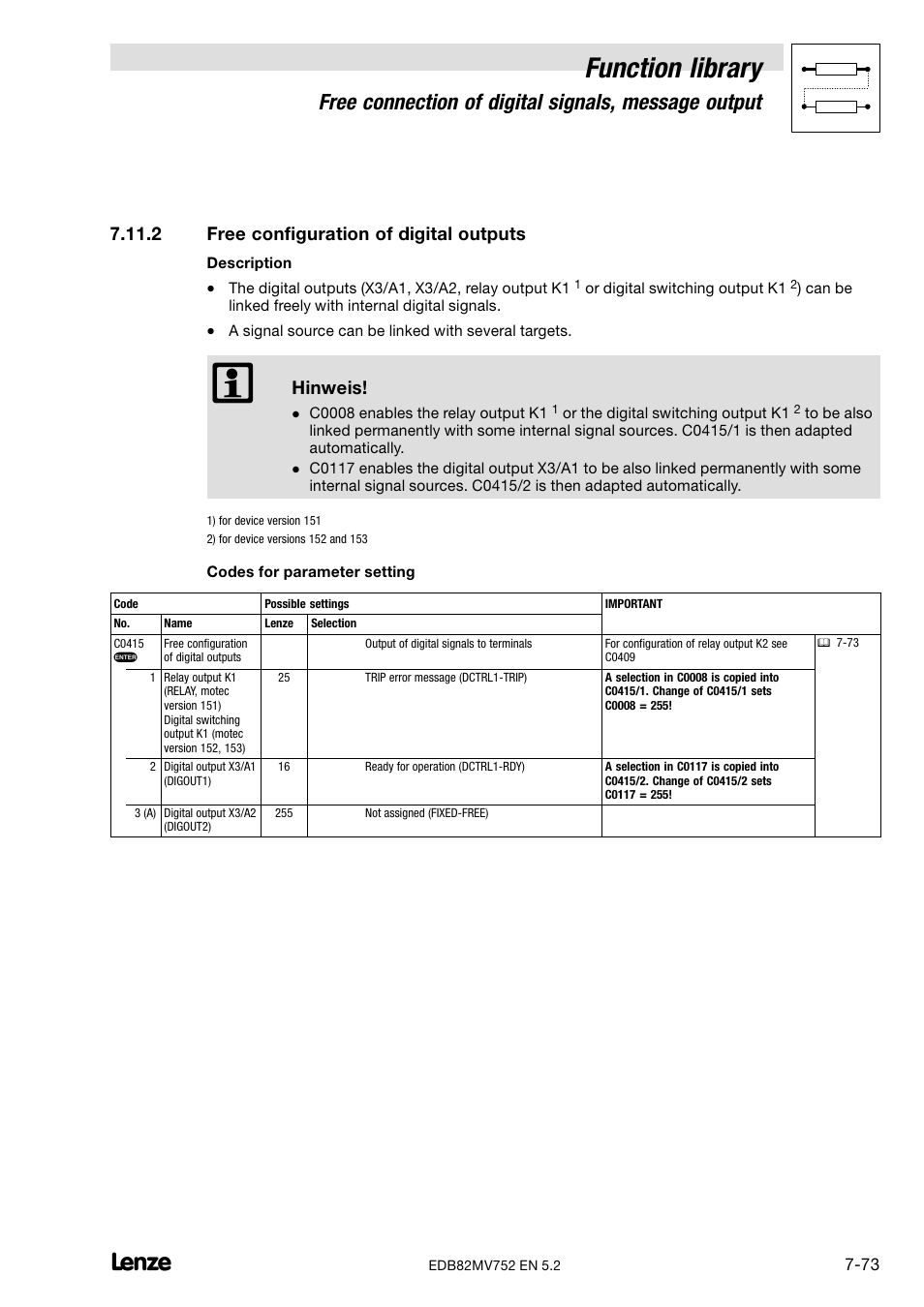 2 free configuration of digital outputs, Free configuration of digital outputs, Function library | Free connection of digital signals, message output, Hinweis | Lenze 8200 motec frequency inverter 0.25kW-7.5kW User Manual | Page 144 / 270