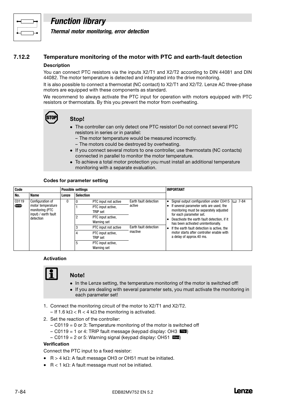 Function library, Thermal motor monitoring, error detection, Stop | Lenze 8200 motec frequency inverter 0.25kW-7.5kW User Manual | Page 155 / 270