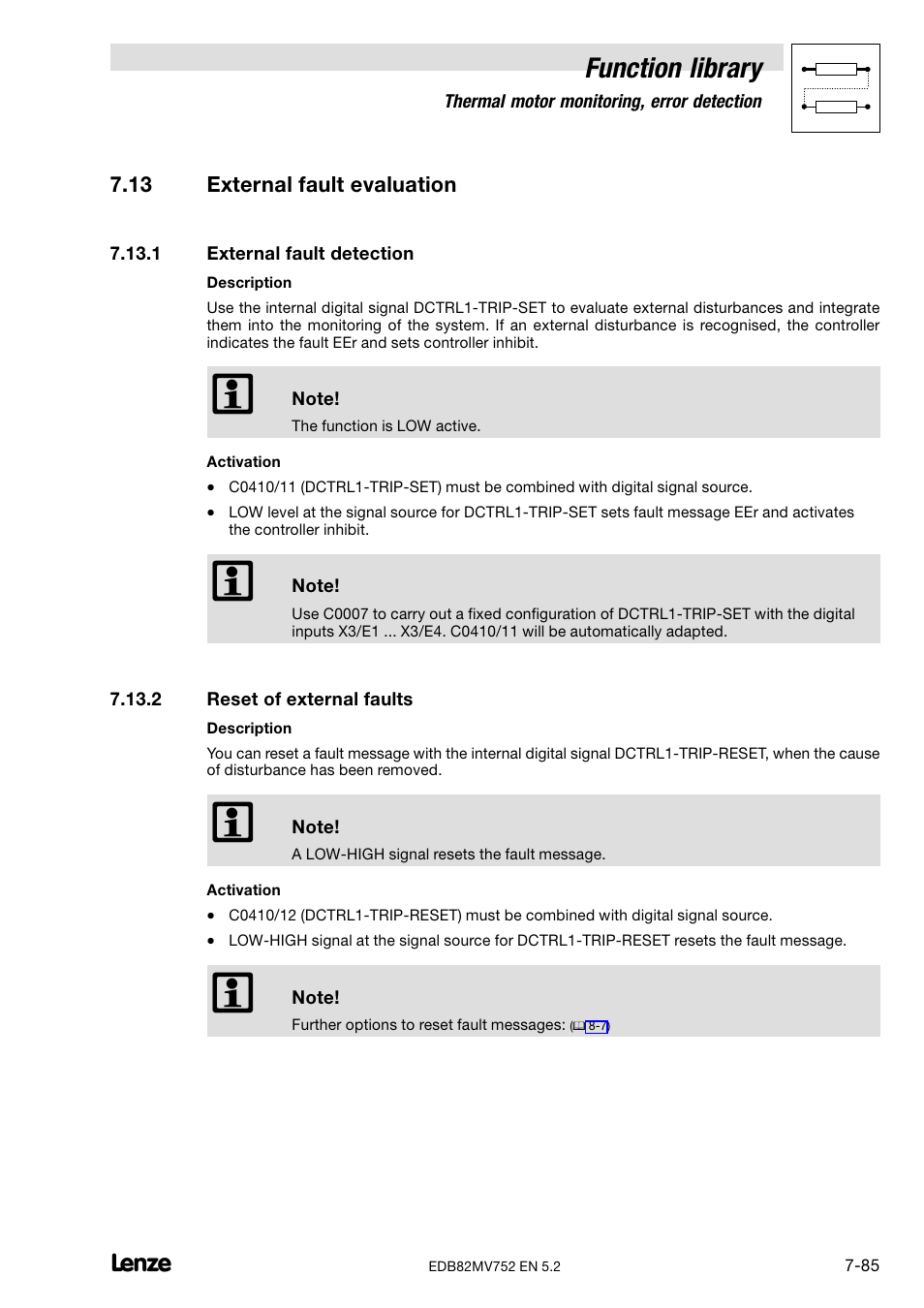 13 external fault evaluation, 1 external fault detection, 2 reset of external faults | External fault detection, Reset of external faults, Function library | Lenze 8200 motec frequency inverter 0.25kW-7.5kW User Manual | Page 156 / 270