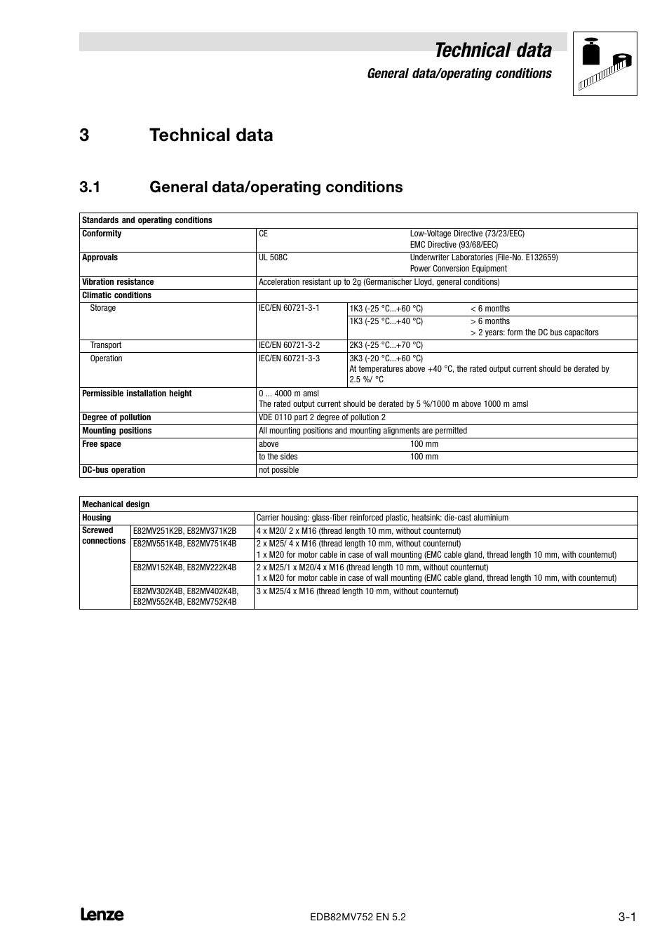 3 technical data, 1 general data/operating conditions, General data/operating conditions | Technical data, 3technical data | Lenze 8200 motec frequency inverter 0.25kW-7.5kW User Manual | Page 16 / 270