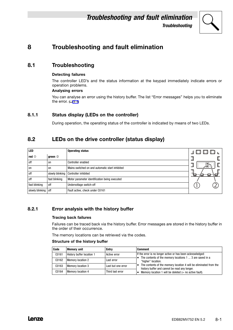 8 troubleshooting and fault elimination, 1 troubleshooting, 1 status display (leds on the controller) | 2 leds on the drive controller (status display), 1 error analysis with the history buffer, Troubleshooting, Status display (leds on the controller), Leds on the drive controller (status display), Error analysis with the history buffer, Troubleshooting and fault elimination | Lenze 8200 motec frequency inverter 0.25kW-7.5kW User Manual | Page 168 / 270