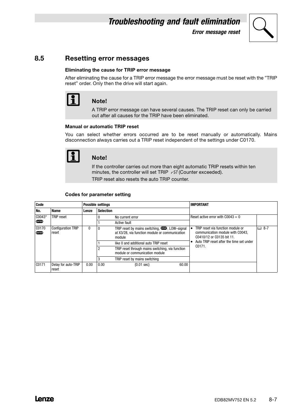 5 resetting error messages, Resetting error messages, Troubleshooting and fault elimination | Error message reset | Lenze 8200 motec frequency inverter 0.25kW-7.5kW User Manual | Page 174 / 270