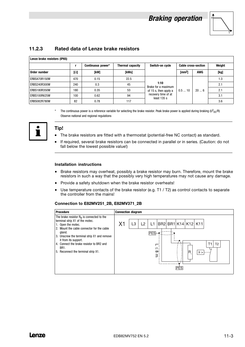 3 rated data of lenze brake resistors, Rated data of lenze brake resistors, Braking operation | Lenze 8200 motec frequency inverter 0.25kW-7.5kW User Manual | Page 182 / 270