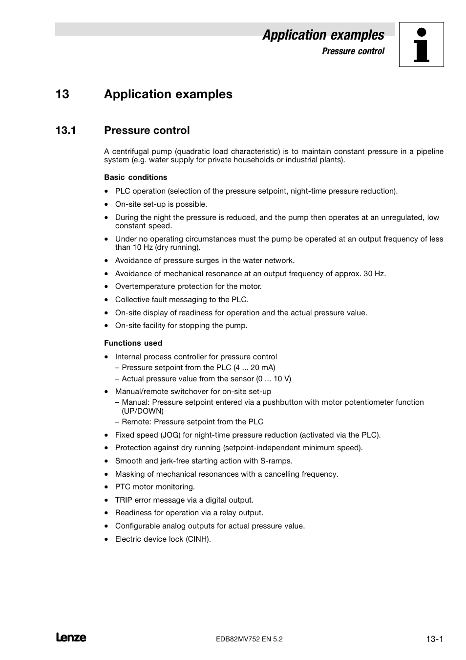 13 application examples, 1 pressure control, Application examples | Lenze 8200 motec frequency inverter 0.25kW-7.5kW User Manual | Page 186 / 270