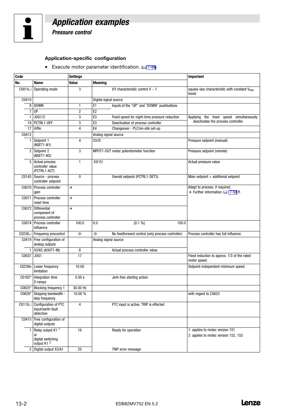 Application examples, Pressure control, Application−specific configuration | Execute motor parameter identification | Lenze 8200 motec frequency inverter 0.25kW-7.5kW User Manual | Page 187 / 270