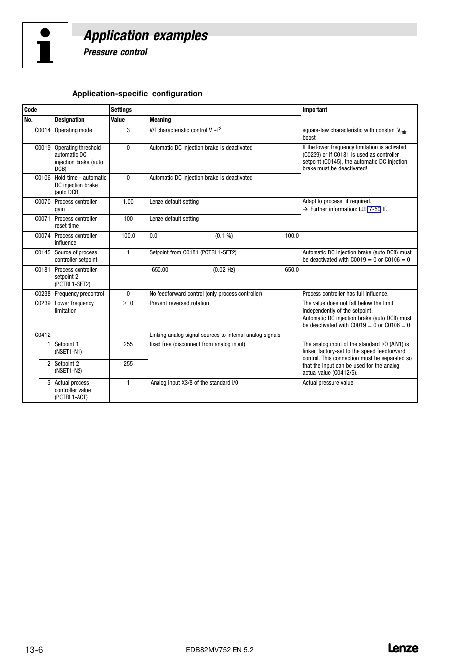 Application examples, Pressure control, Application−specific configuration | Lenze 8200 motec frequency inverter 0.25kW-7.5kW User Manual | Page 191 / 270