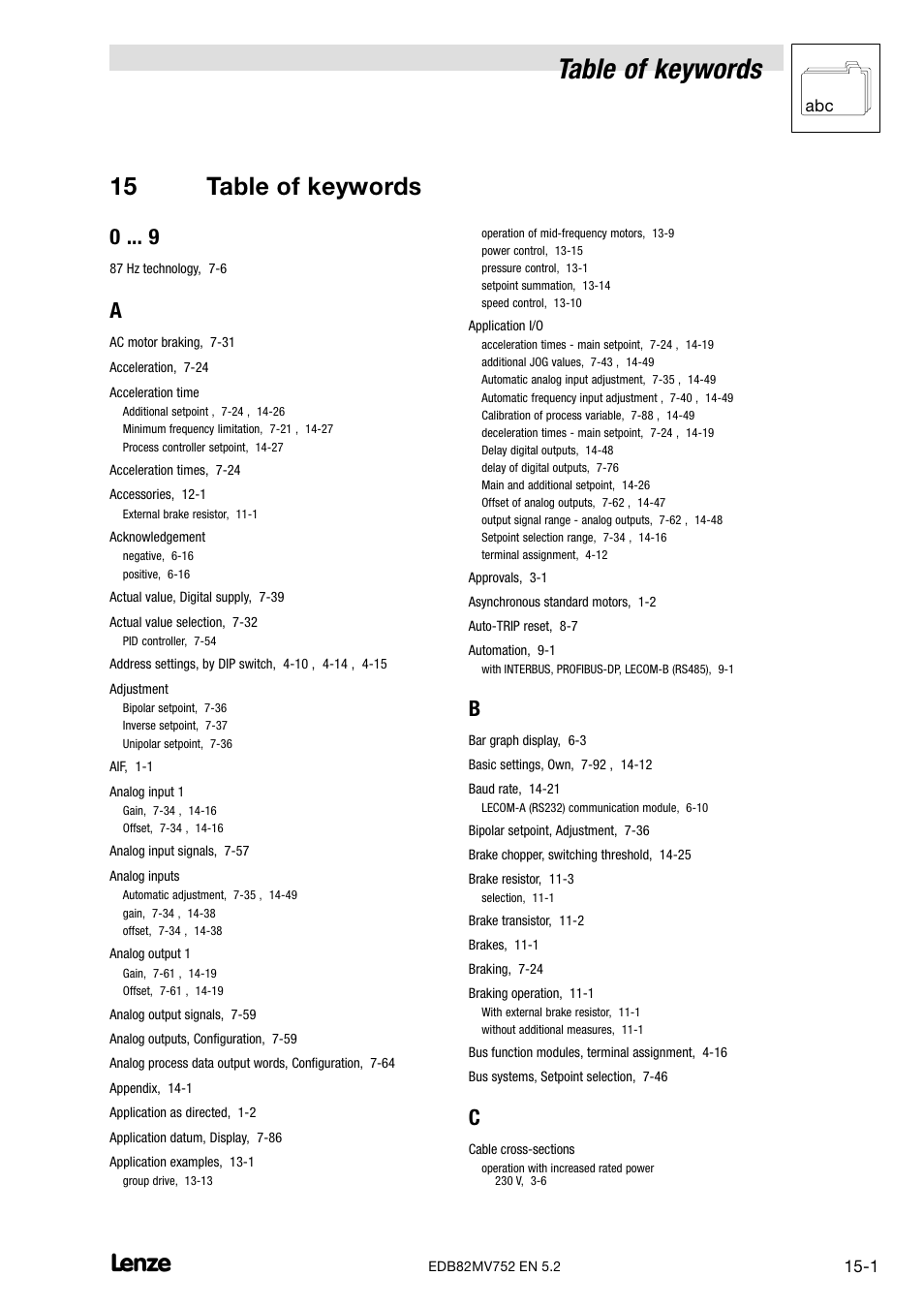 15 table of keywords, Table of keywords | Lenze 8200 motec frequency inverter 0.25kW-7.5kW User Manual | Page 262 / 270