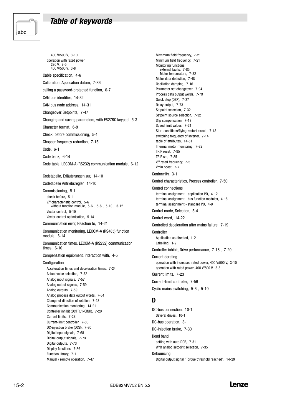 Table of keywords, Abc 15−2 | Lenze 8200 motec frequency inverter 0.25kW-7.5kW User Manual | Page 263 / 270