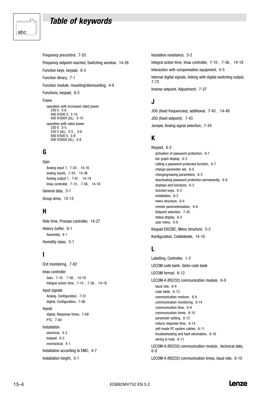 Table of keywords | Lenze 8200 motec frequency inverter 0.25kW-7.5kW User Manual | Page 265 / 270
