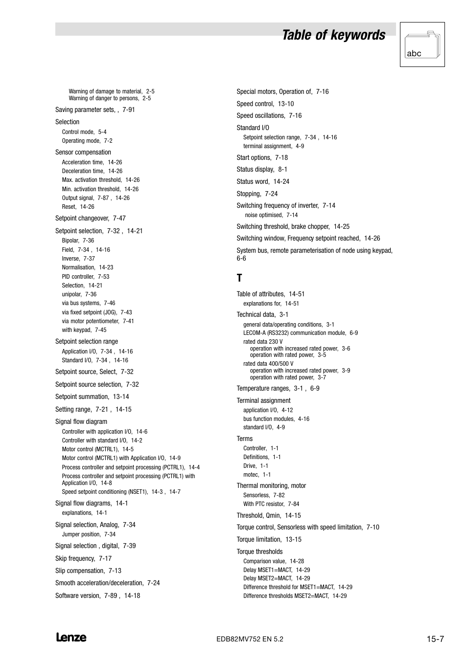 Table of keywords, Abc 15−7 | Lenze 8200 motec frequency inverter 0.25kW-7.5kW User Manual | Page 268 / 270