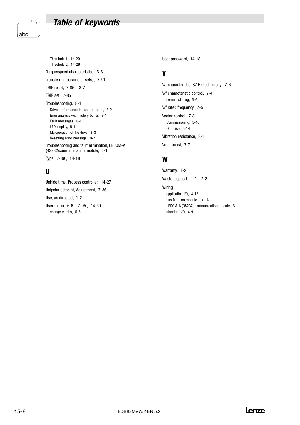 Table of keywords | Lenze 8200 motec frequency inverter 0.25kW-7.5kW User Manual | Page 269 / 270