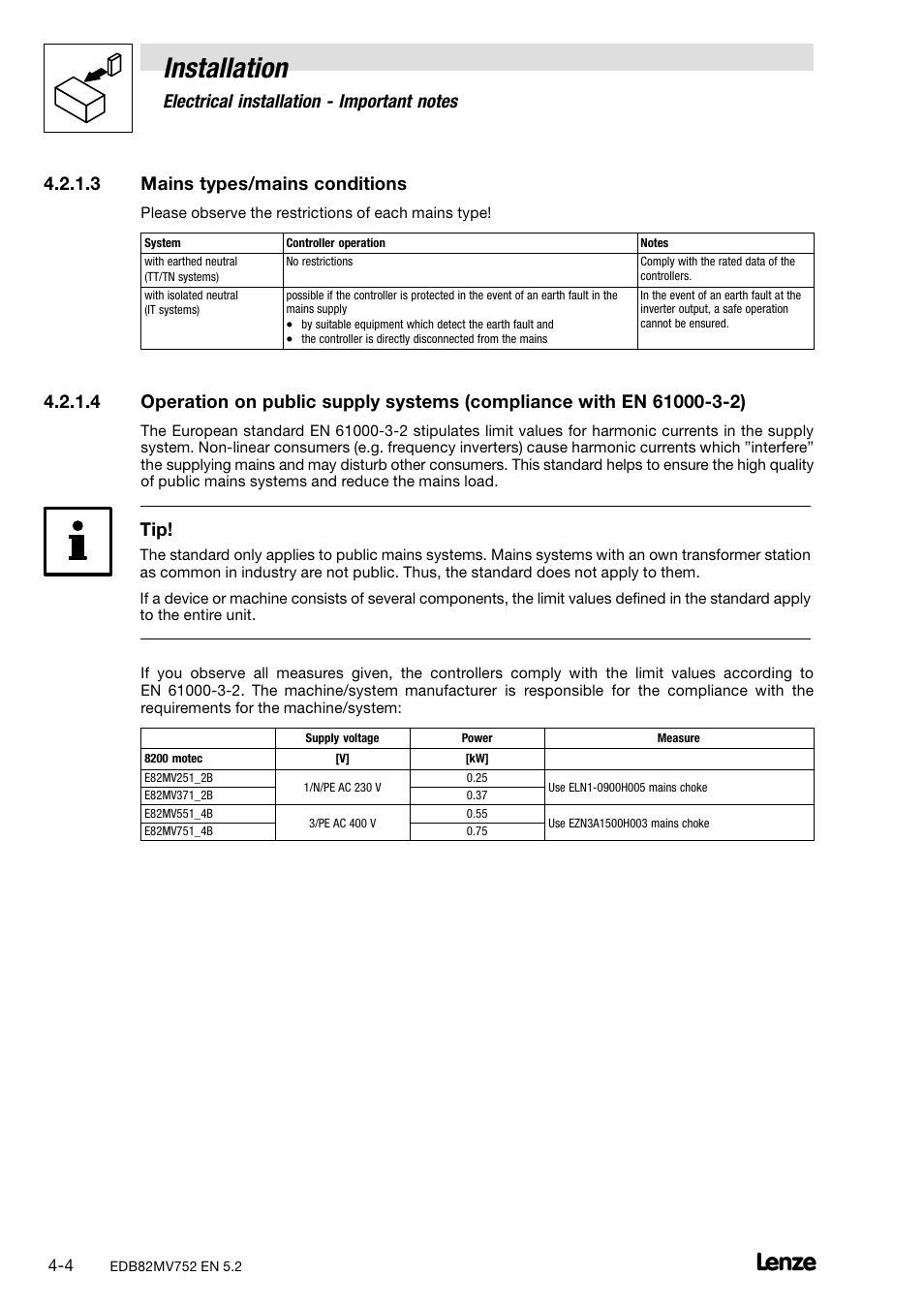 Mains types/mains conditions, Installation, 3 mains types/mains conditions | Lenze 8200 motec frequency inverter 0.25kW-7.5kW User Manual | Page 29 / 270