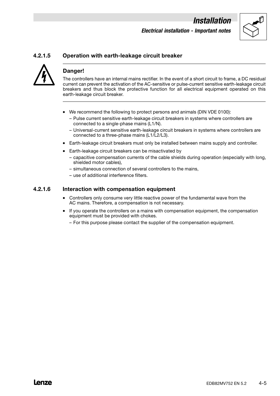 Operation with earth−leakage circuit breaker, Interaction with compensation equipment, Installation | Lenze 8200 motec frequency inverter 0.25kW-7.5kW User Manual | Page 30 / 270