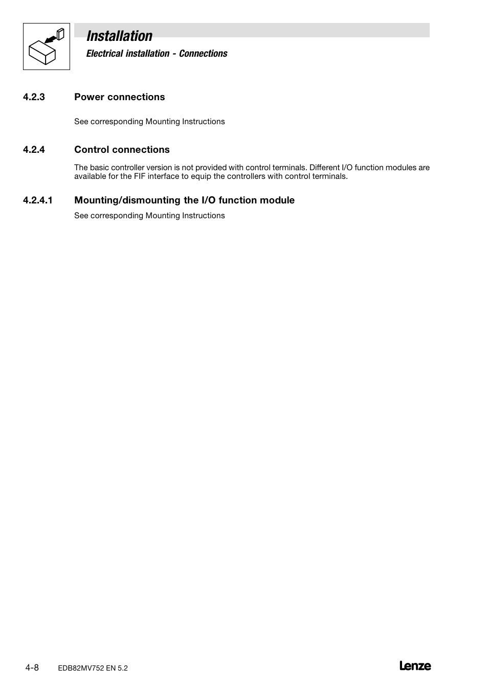 3 power connections, 4 control connections, Power connections | Control connections, Mounting/dismounting the i/o function module, Installation | Lenze 8200 motec frequency inverter 0.25kW-7.5kW User Manual | Page 33 / 270